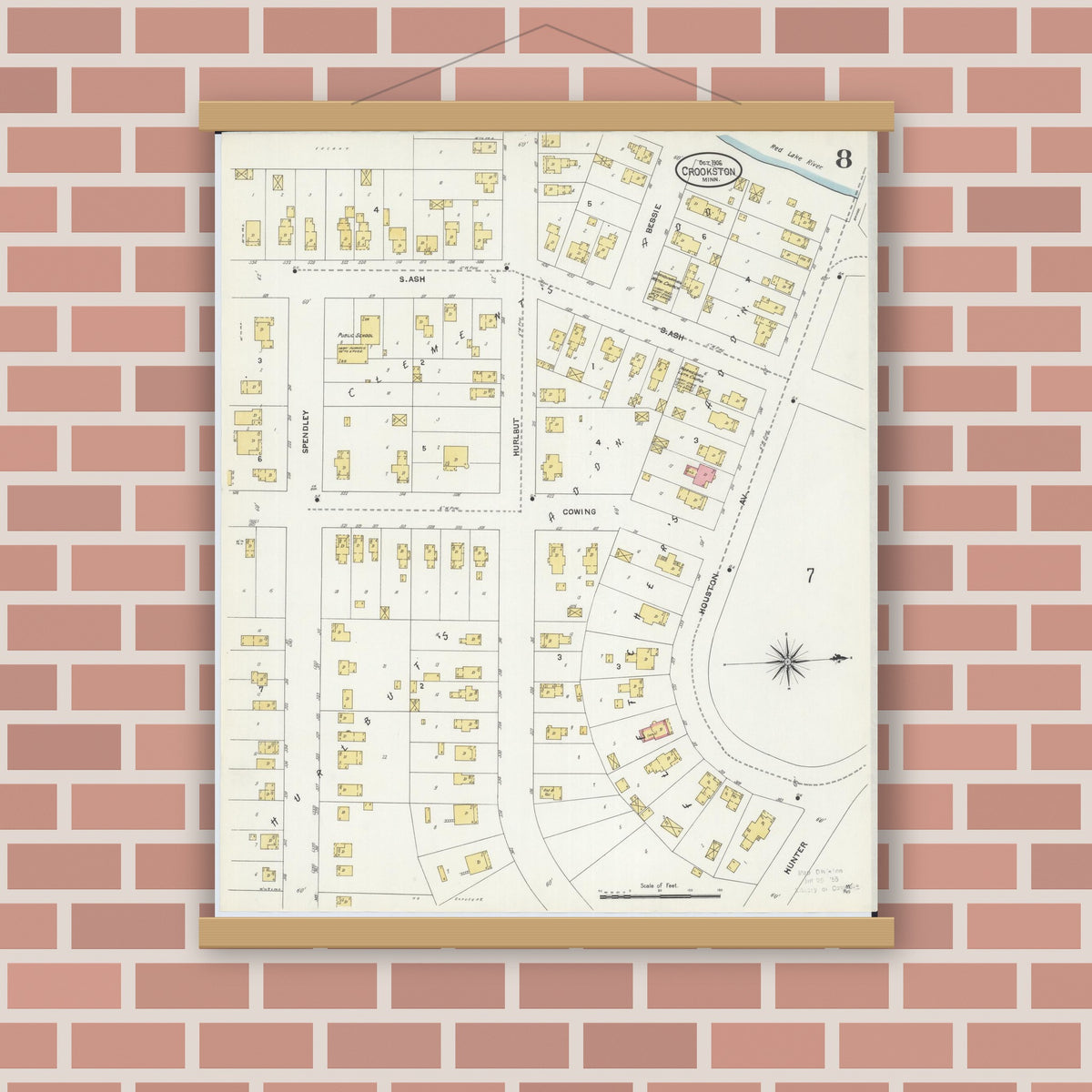 Old map wall art mockup — magnetic wood frame on brick wall — Sanborn Fire Insurance Map from Crookston, Polk County, Minnesota (1906), Sheet #0008