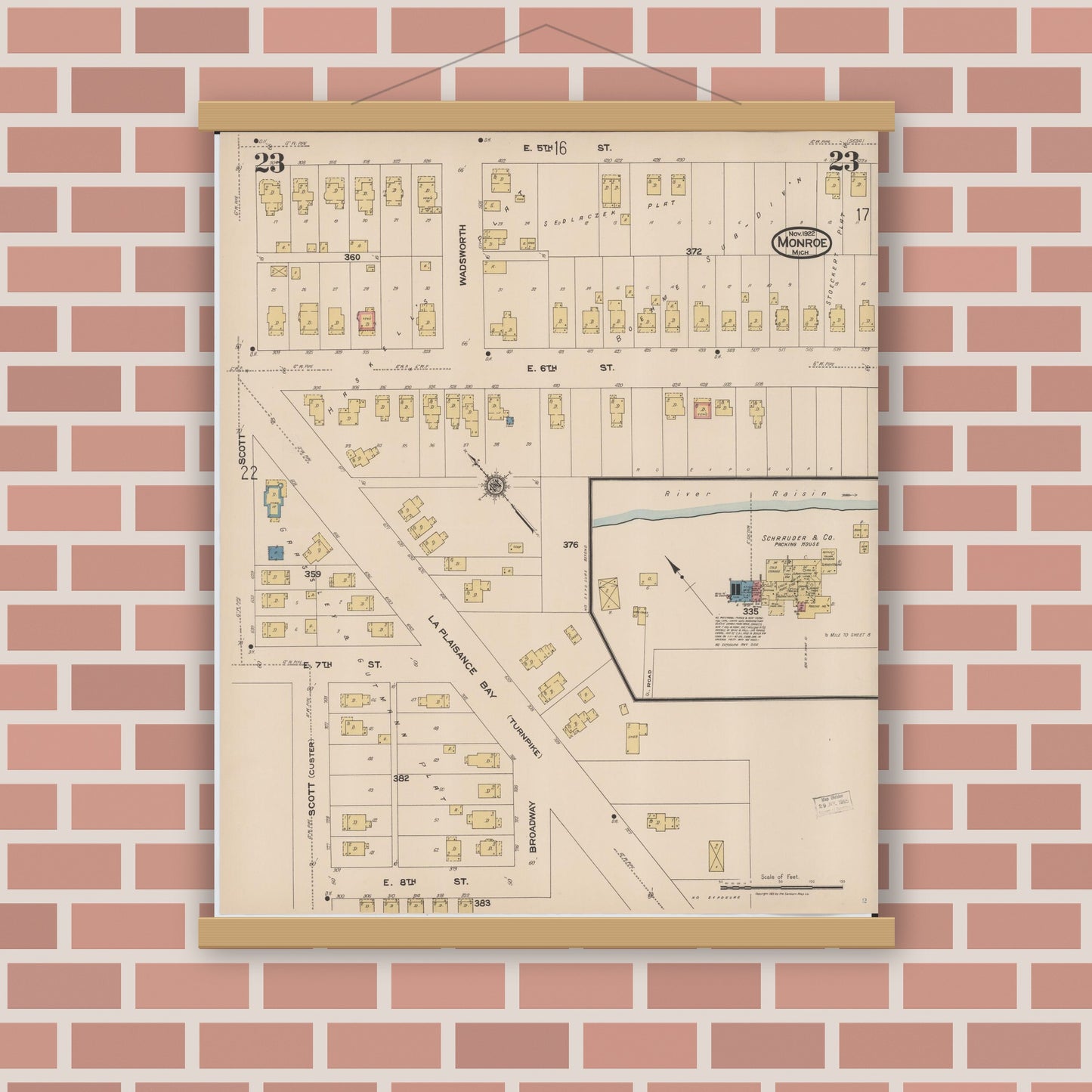 Old map wall art mockup — magnetic wood frame on brick wall — Sanborn Fire Insurance Map from Monroe, Monroe County, Michigan (1922), Sheet #0023