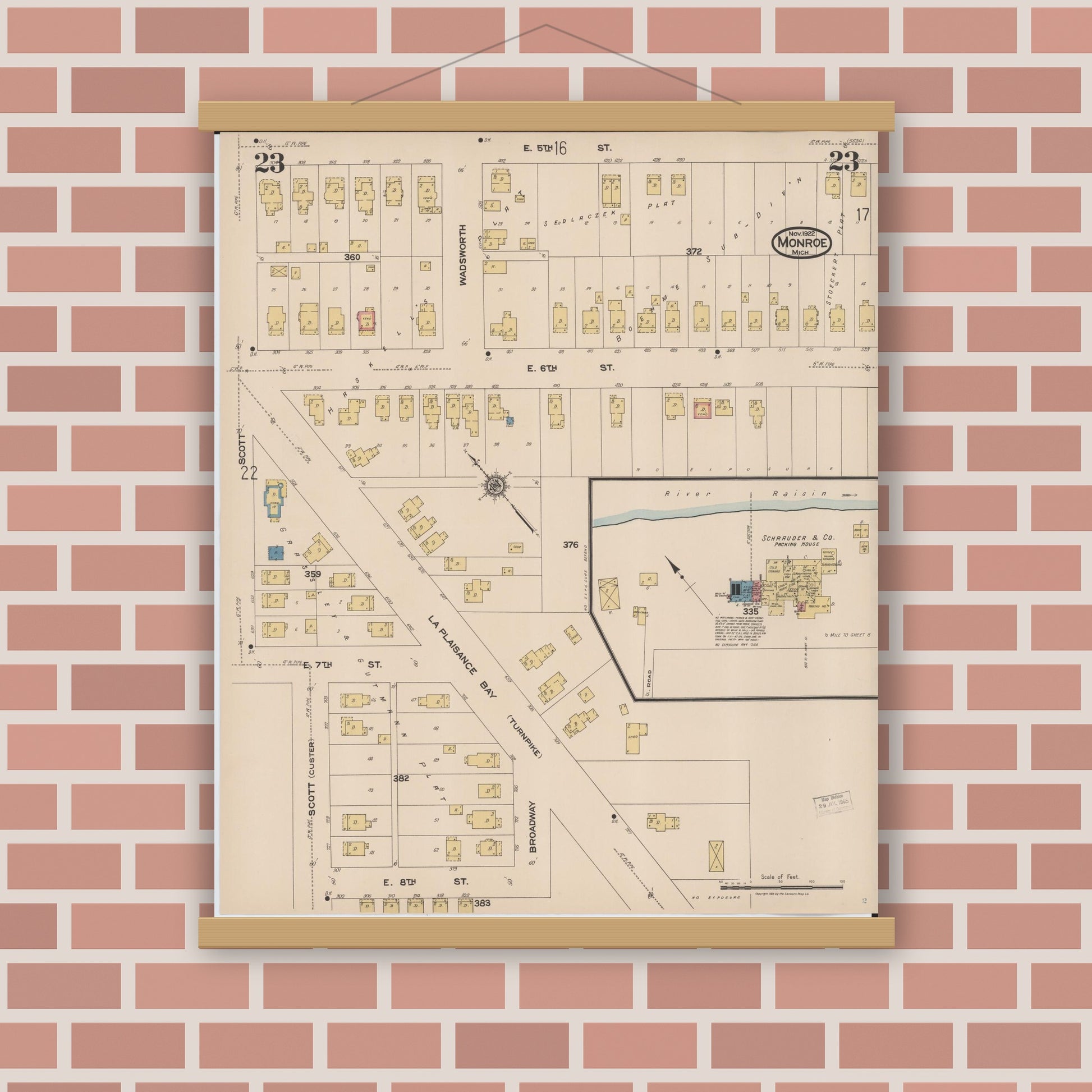Old map wall art mockup — magnetic wood frame on brick wall — Sanborn Fire Insurance Map from Monroe, Monroe County, Michigan (1922), Sheet #0023