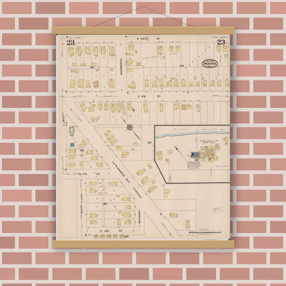 Old map wall art mockup — magnetic wood frame on brick wall — Sanborn Fire Insurance Map from Monroe, Monroe County, Michigan (1922), Sheet #0023