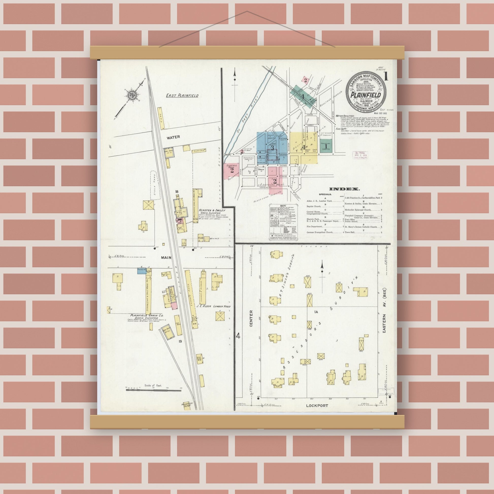 Old map wall art mockup — magnetic wood frame on brick wall — Sanborn Fire Insurance Map from Plainfield, Will County, Illinois (1912) - Complete Map Set