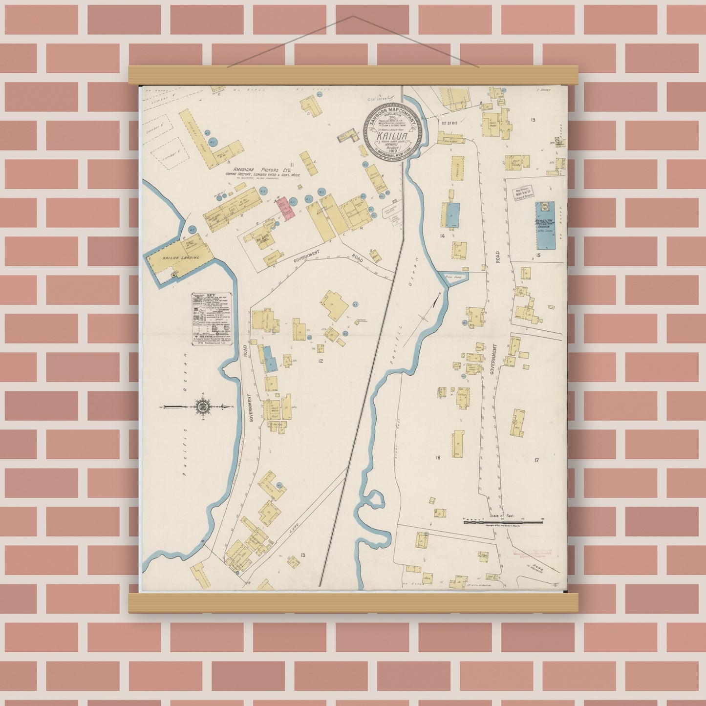 Old map wall art mockup — magnetic wood frame on brick wall — Sanborn Fire Insurance Map from Kailua, Hawaii County, Hawaii (1919), Sheet #0001