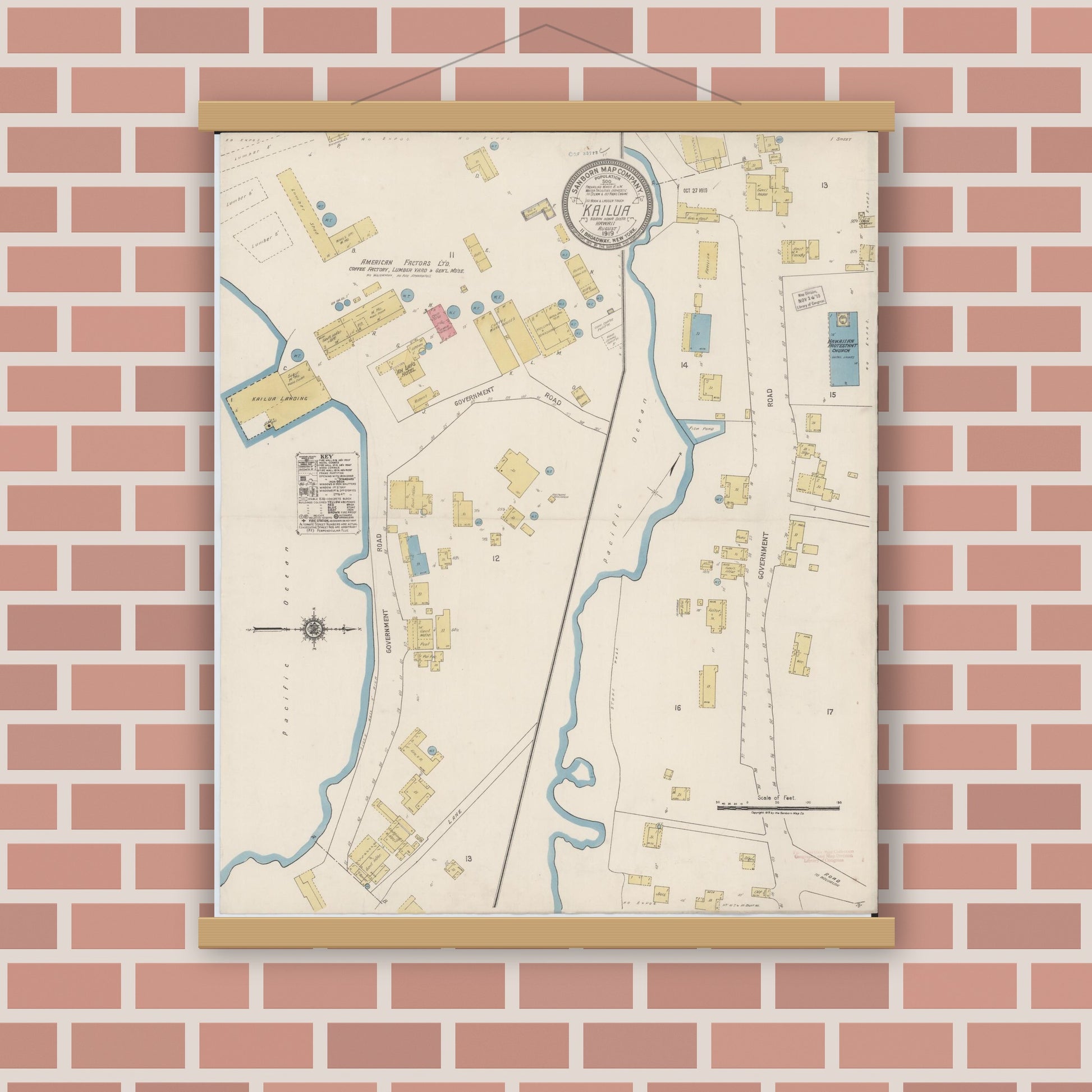 Old map wall art mockup — magnetic wood frame on brick wall — Sanborn Fire Insurance Map from Kailua, Hawaii County, Hawaii (1919), Sheet #0001