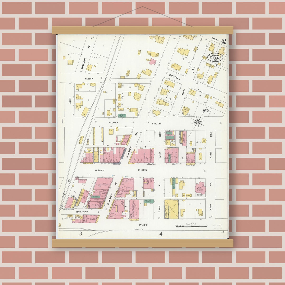 Old map wall art mockup — magnetic wood frame on brick wall — Sanborn Fire Insurance Map from Casey, Clark County, Illinois (1906), Sheet #0002