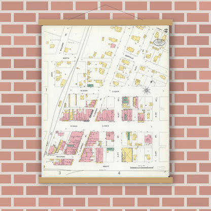 Old map wall art mockup — magnetic wood frame on brick wall — Sanborn Fire Insurance Map from Casey, Clark County, Illinois (1906), Sheet #0002