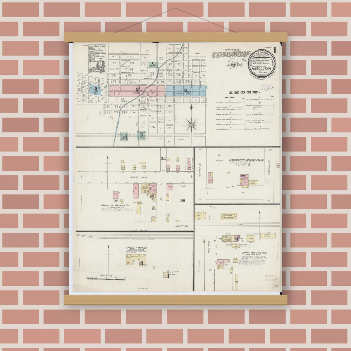 Old map wall art mockup — magnetic wood frame on brick wall — Sanborn Fire Insurance Map from Mascoutah, Saint Clair County, Illinois (1888) - Complete Map Set