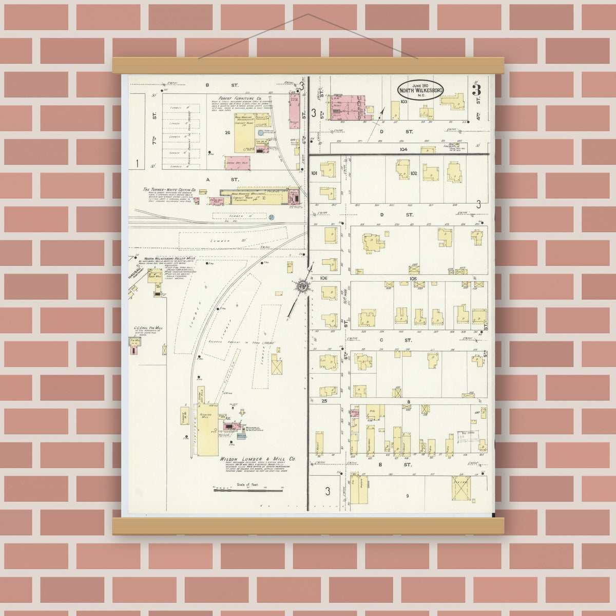 Old map wall art mockup — magnetic wood frame on brick wall — Sanborn Fire Insurance Map from North Wilkesboro, Wilkes County, North Carolina (1910), Sheet #0003