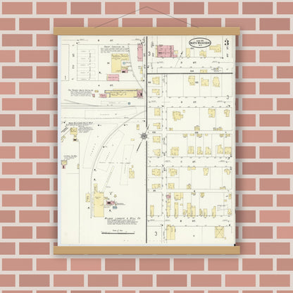 Old map wall art mockup — magnetic wood frame on brick wall — Sanborn Fire Insurance Map from North Wilkesboro, Wilkes County, North Carolina (1910), Sheet #0003