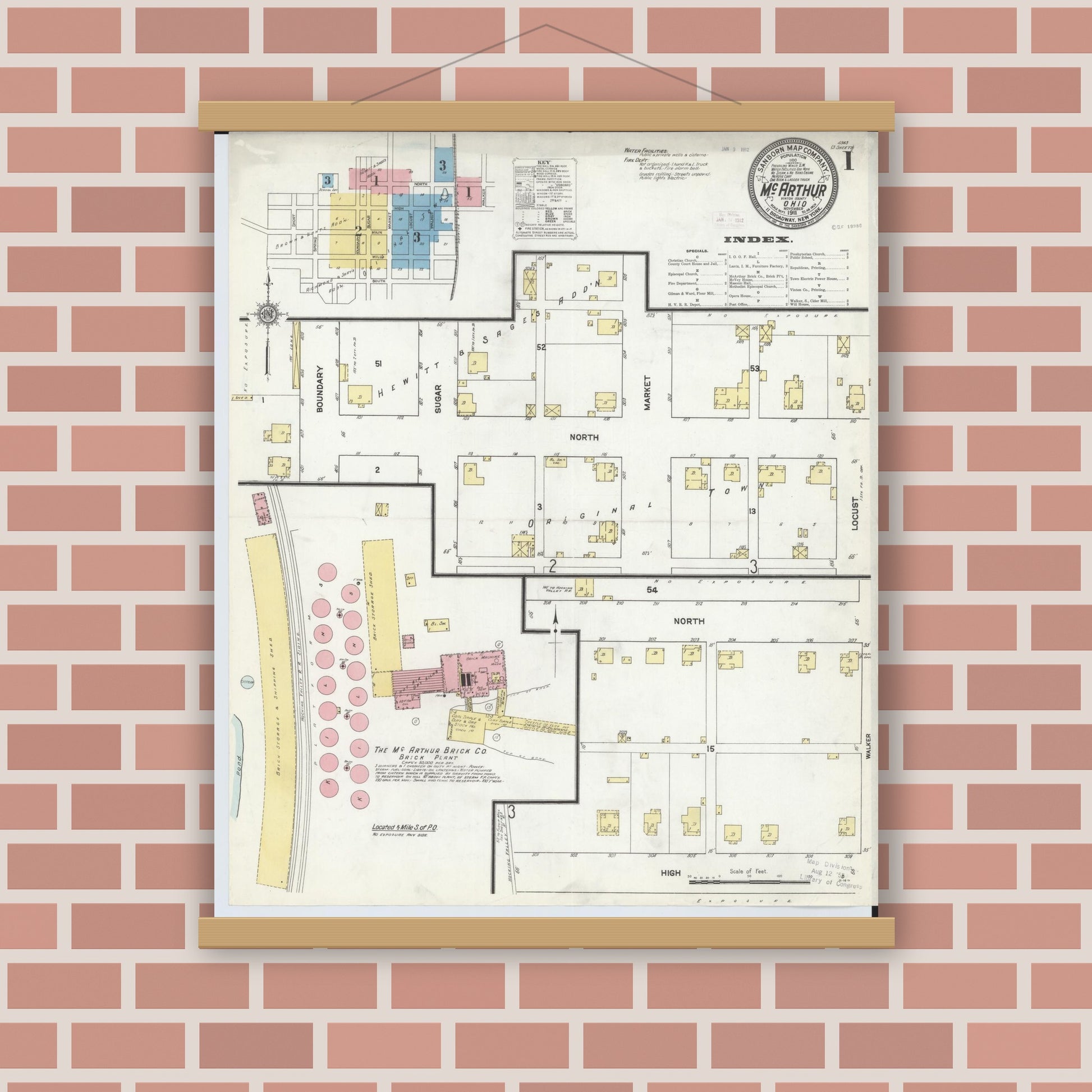Old map wall art mockup — magnetic wood frame on brick wall — Sanborn Fire Insurance Map from McArthur, Vinton County, Ohio (1911), Sheet #0001
