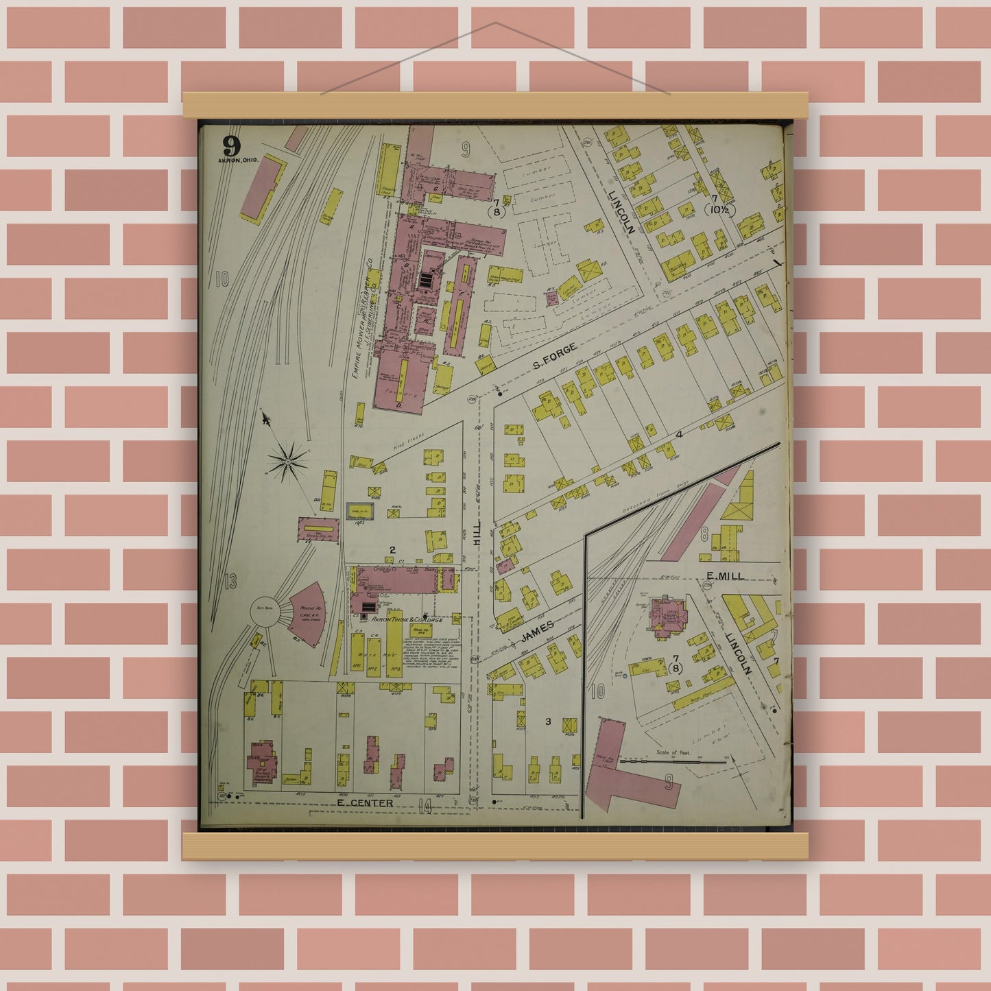 Old map wall art mockup — magnetic wood frame on brick wall — Sanborn Fire Insurance Map from Akron, Summit County, Ohio (1892), Sheet #0009