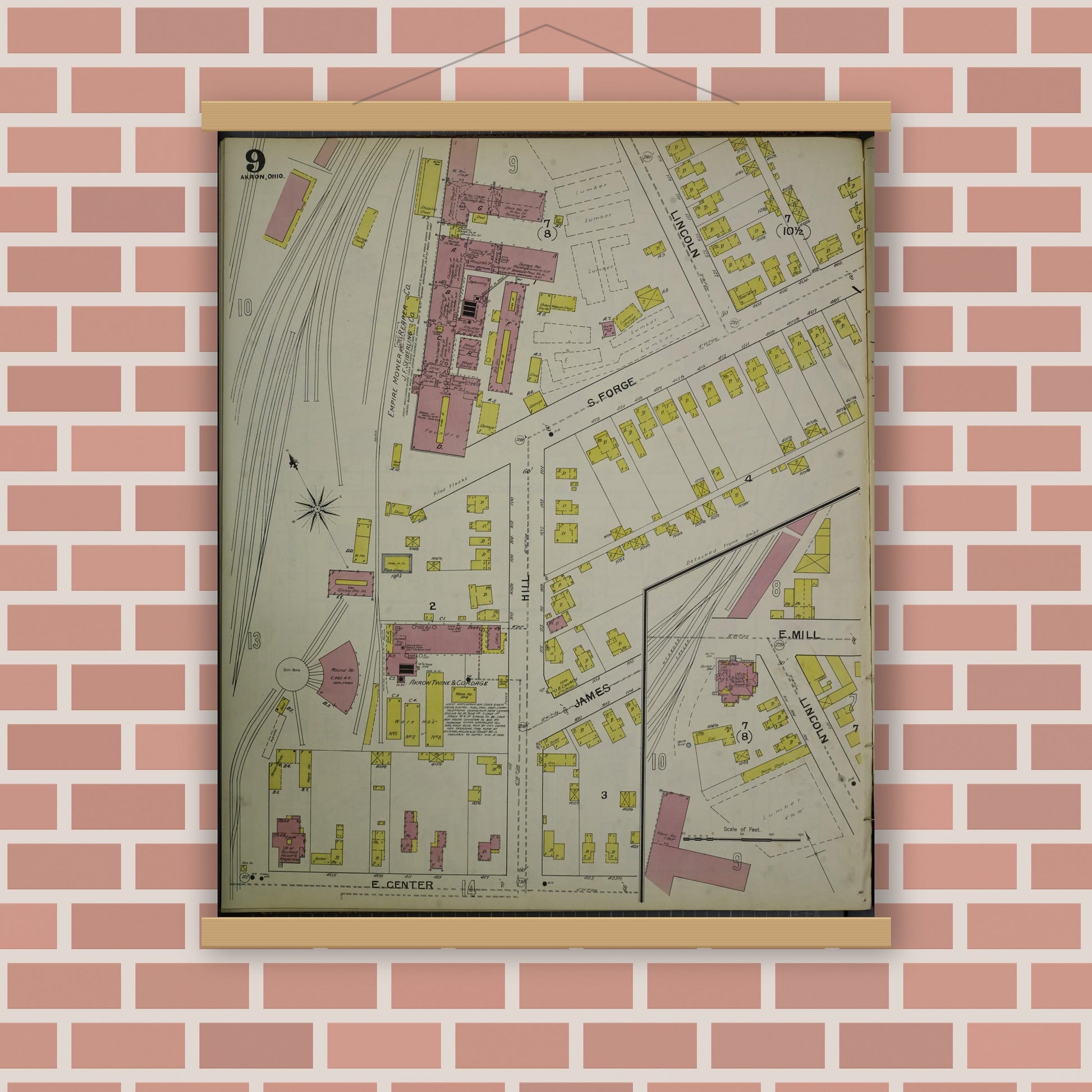 Old map wall art mockup — magnetic wood frame on brick wall — Sanborn Fire Insurance Map from Akron, Summit County, Ohio (1892), Sheet #0009