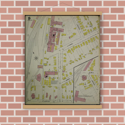 Old map wall art mockup — magnetic wood frame on brick wall — Sanborn Fire Insurance Map from Akron, Summit County, Ohio (1892), Sheet #0009