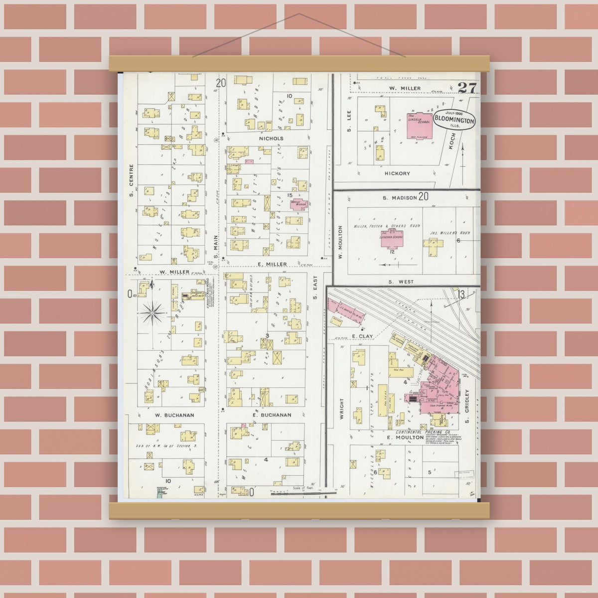 Old map wall art mockup — magnetic wood frame on brick wall — Sanborn Fire Insurance Map from Bloomington, McLean County, Illinois (1896), Sheet #0027