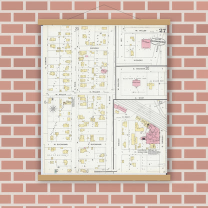 Old map wall art mockup — magnetic wood frame on brick wall — Sanborn Fire Insurance Map from Bloomington, McLean County, Illinois (1896), Sheet #0027