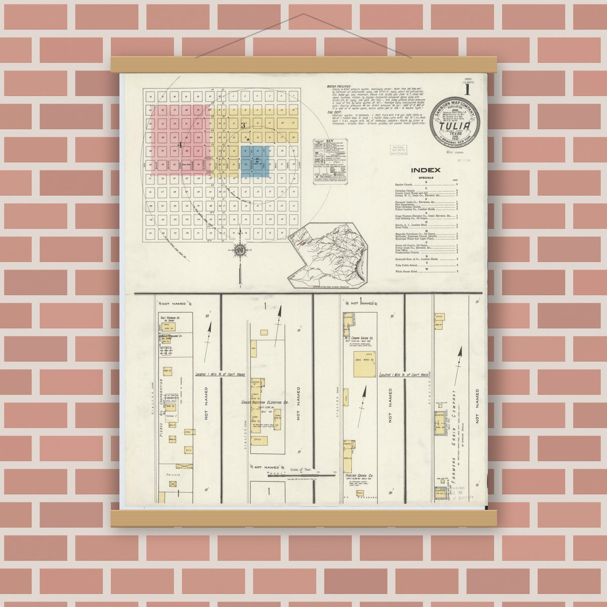 Old map wall art mockup — magnetic wood frame on brick wall — Sanborn Fire Insurance Map from Tulia, Swisher County, Texas (1921), Sheet #0001