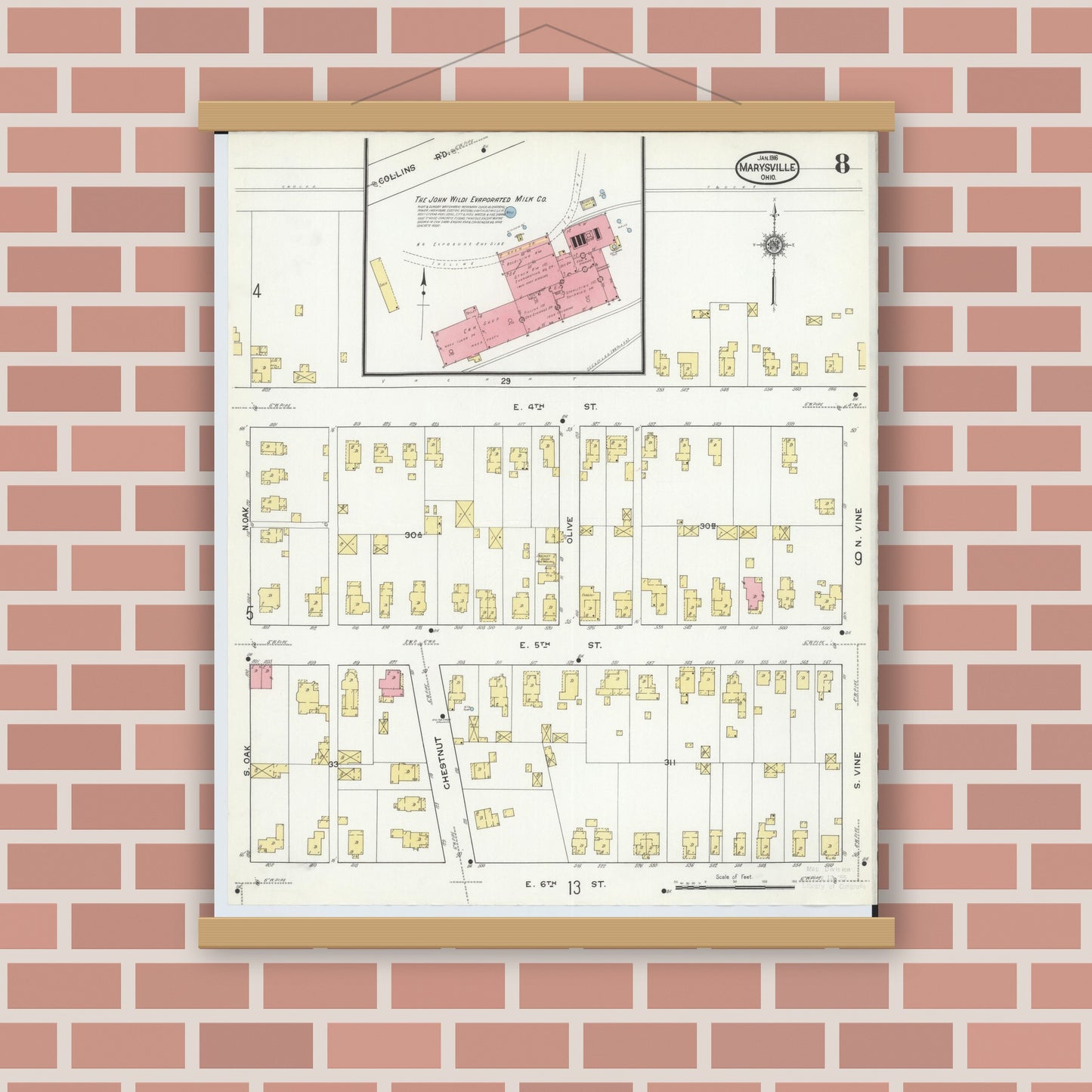 Old map wall art mockup — magnetic wood frame on brick wall — Sanborn Fire Insurance Map from Marysville, Union County, Ohio (1916), Sheet #0008
