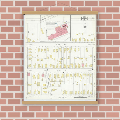 Old map wall art mockup — magnetic wood frame on brick wall — Sanborn Fire Insurance Map from Marysville, Union County, Ohio (1916), Sheet #0008