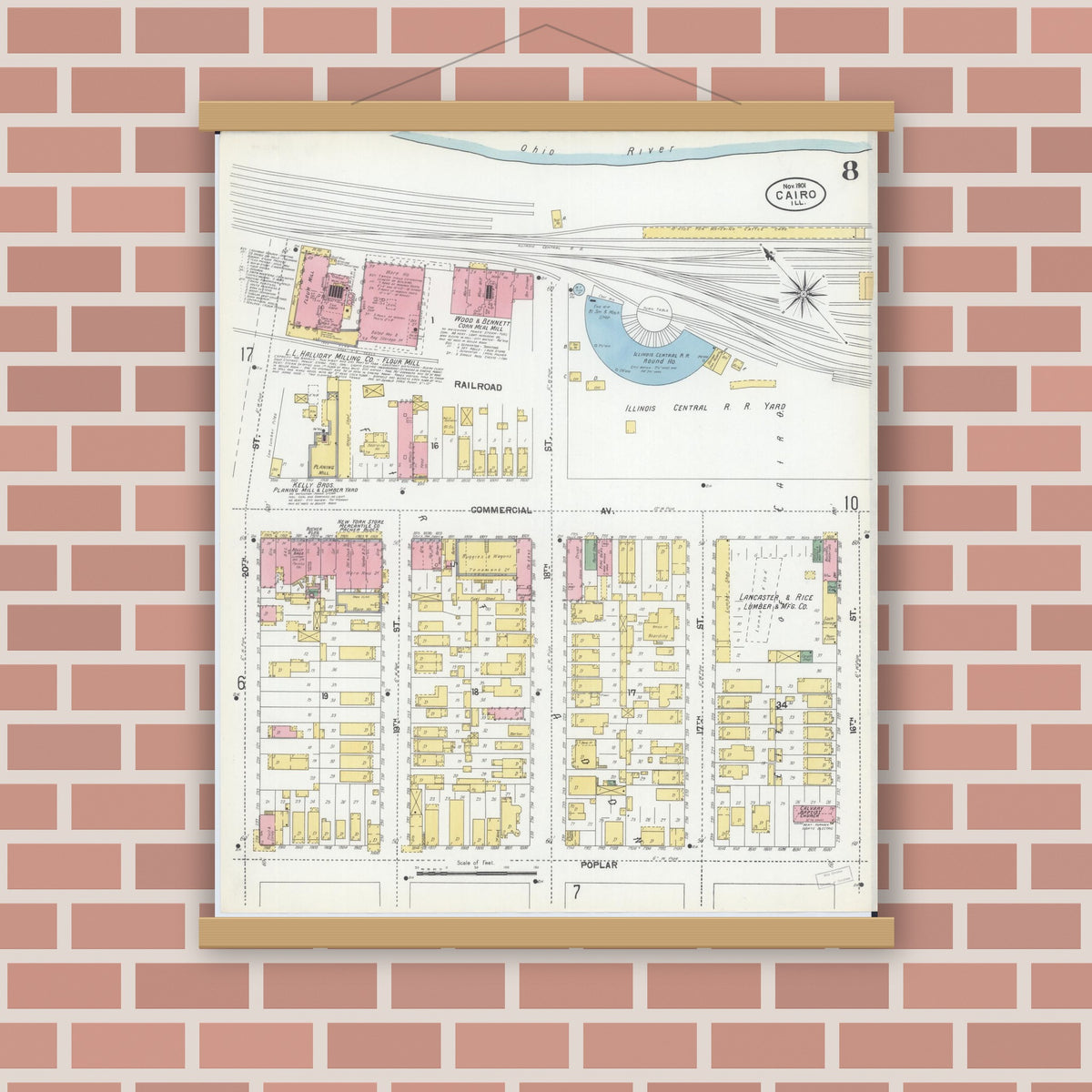 Old map wall art mockup — magnetic wood frame on brick wall — Sanborn Fire Insurance Map from Cairo, Alexander County, Illinois (1901), Sheet #0008