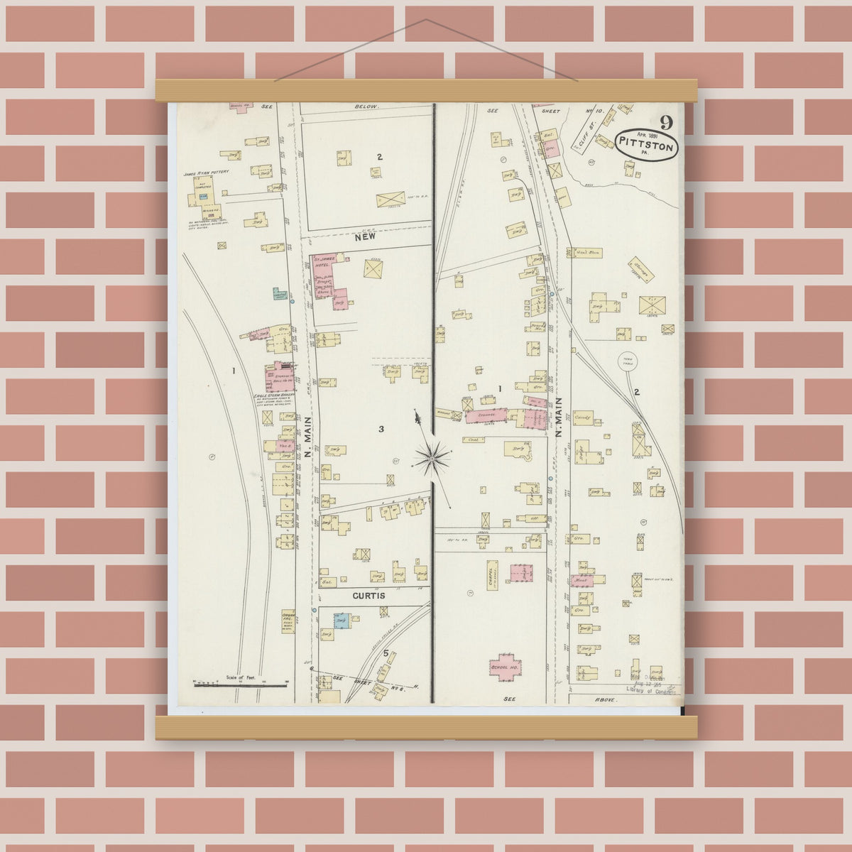 Old map wall art mockup — magnetic wood frame on brick wall — Sanborn Fire Insurance Map from Pittston, Luzerne County, Pennsylvania (1891), Sheet #0009