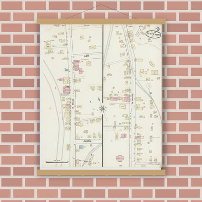 Old map wall art mockup — magnetic wood frame on brick wall — Sanborn Fire Insurance Map from Pittston, Luzerne County, Pennsylvania (1891), Sheet #0009