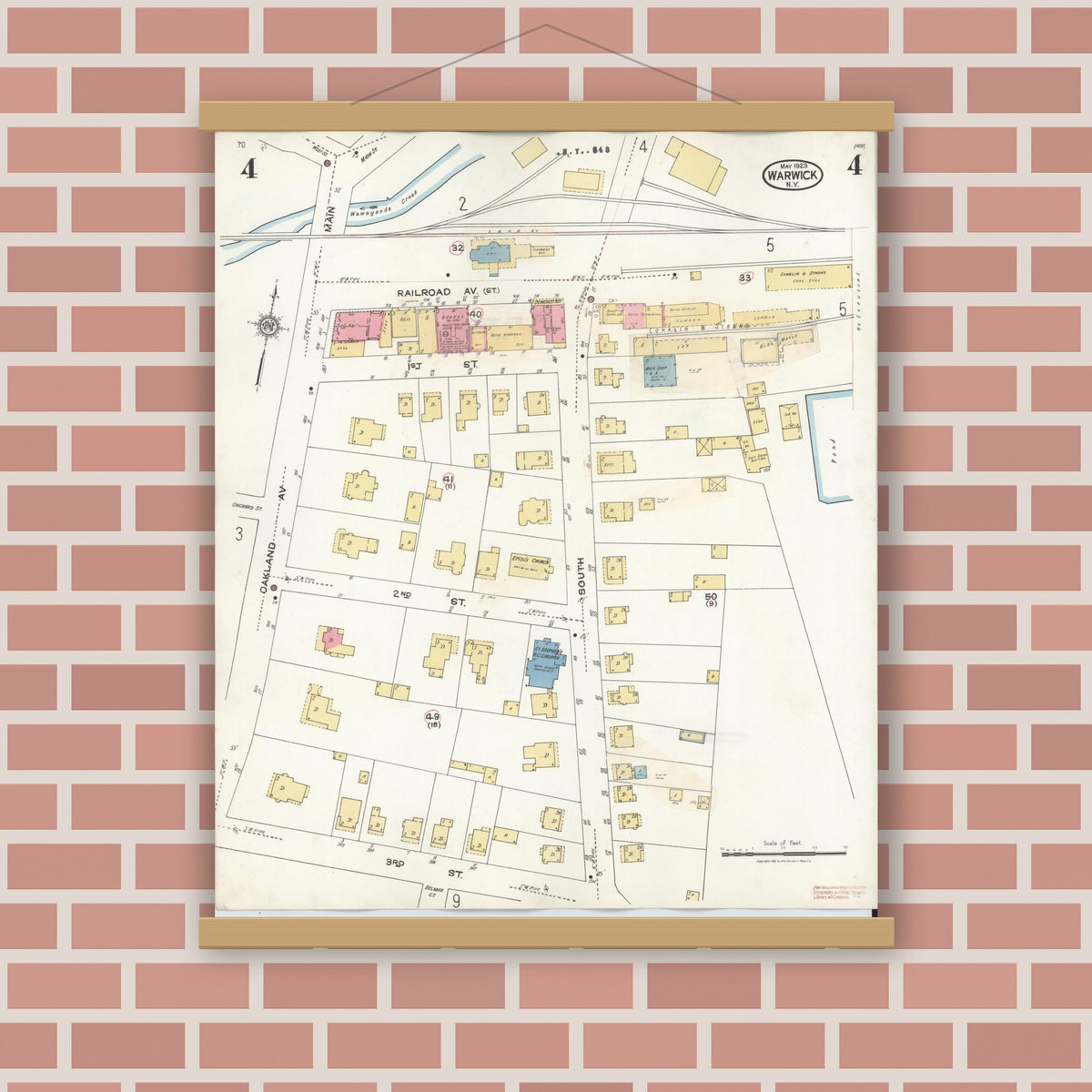 Old map wall art mockup — magnetic wood frame on brick wall — Sanborn Fire Insurance Map from Warwick, Orange County, New York (1940), Sheet #0004