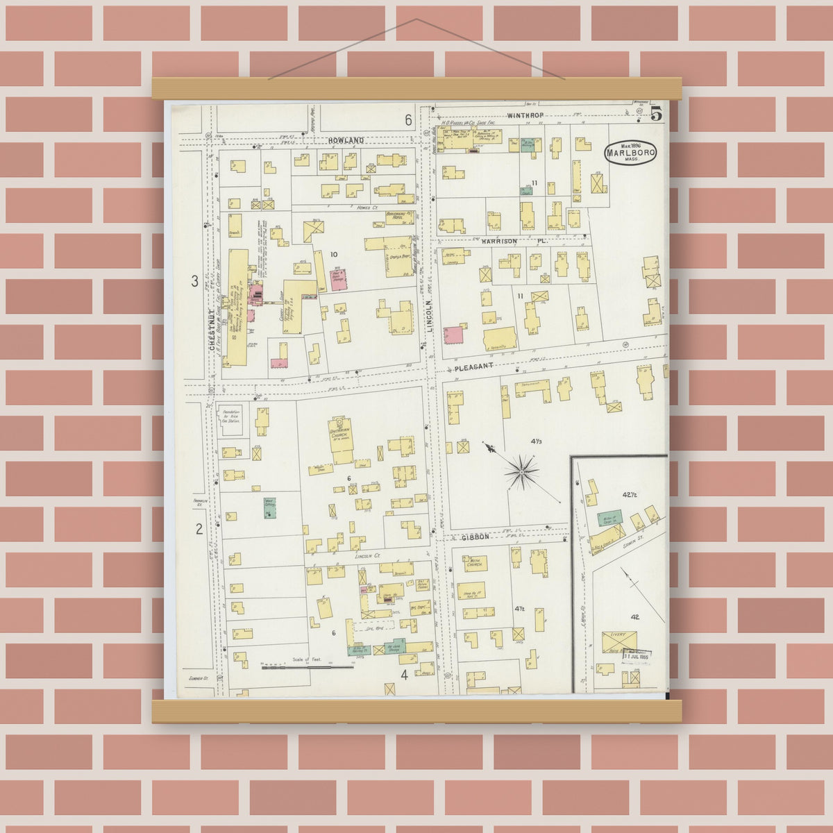 Old map wall art mockup — magnetic wood frame on brick wall — Sanborn Fire Insurance Map from Marlborough, Middlesex County, Massachusetts (1896), Sheet #0005