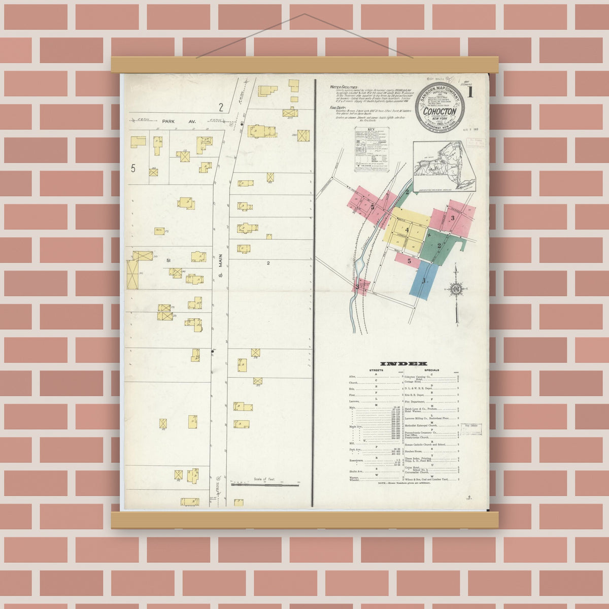 Old map wall art mockup — magnetic wood frame on brick wall — Sanborn Fire Insurance Map from Cohocton, Steuben County, New York (1913) - Complete Map Set