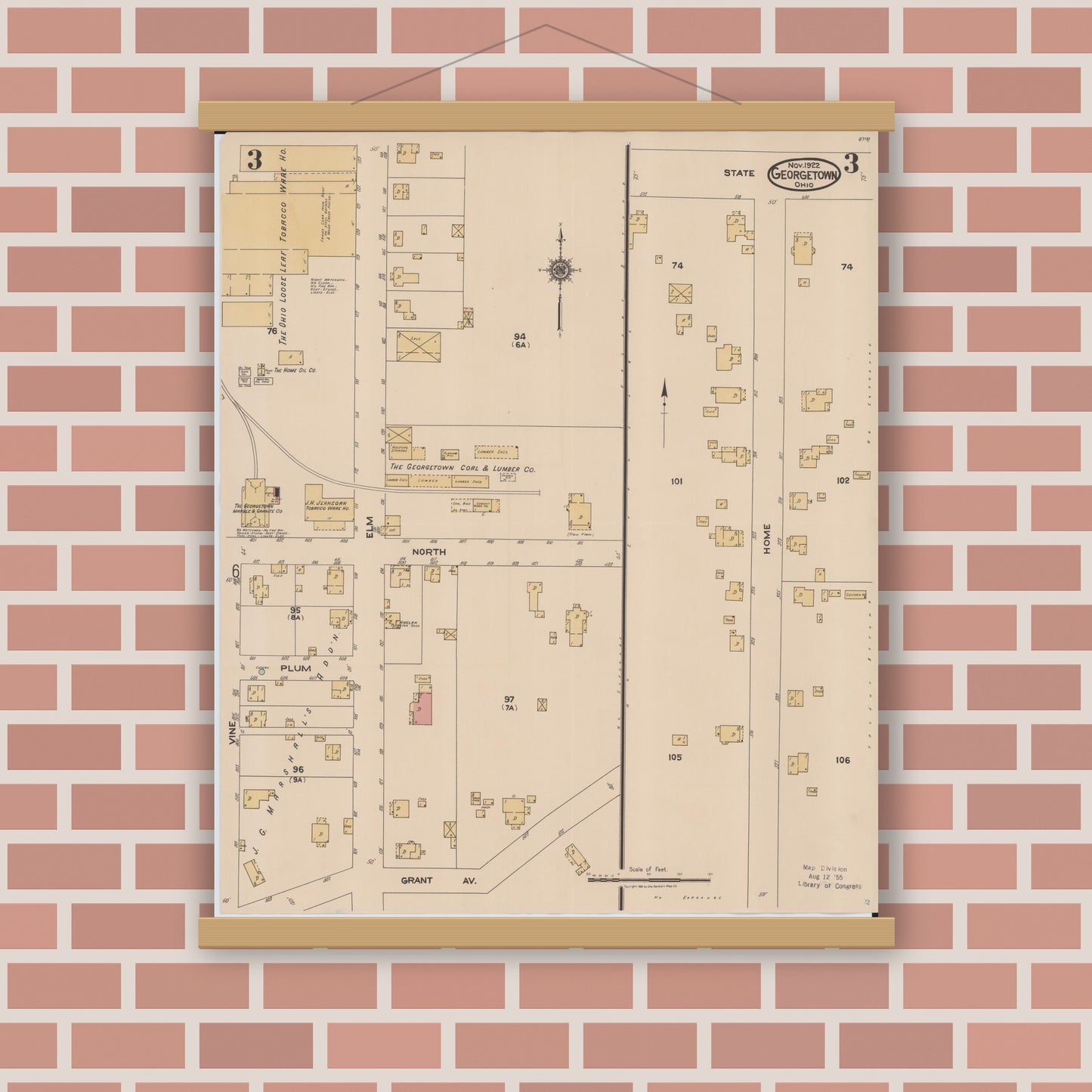 Old map wall art mockup — magnetic wood frame on brick wall — Sanborn Fire Insurance Map from Georgetown, Brown County, Ohio (1922), Sheet #0003