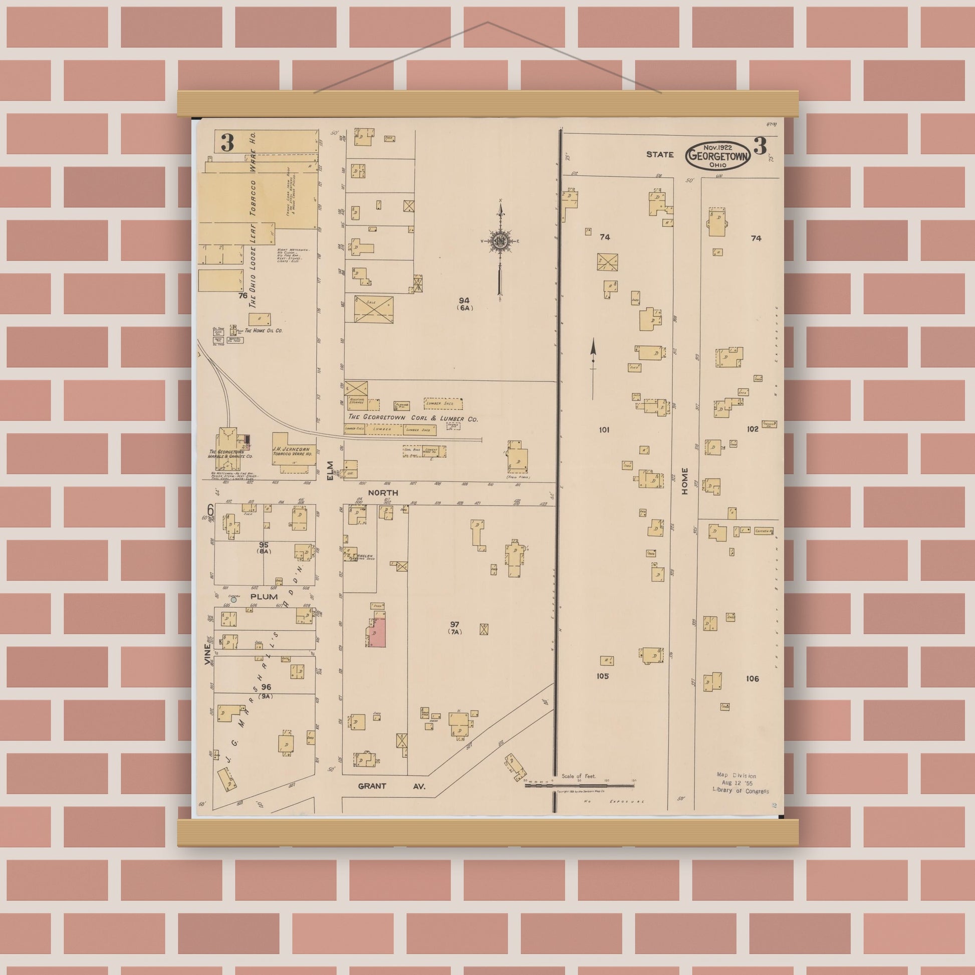 Old map wall art mockup — magnetic wood frame on brick wall — Sanborn Fire Insurance Map from Georgetown, Brown County, Ohio (1922), Sheet #0003