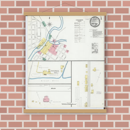 Old map wall art mockup — magnetic wood frame on brick wall — Sanborn Fire Insurance Map from Portland, Ionia County, Michigan (1892), Sheet #0001