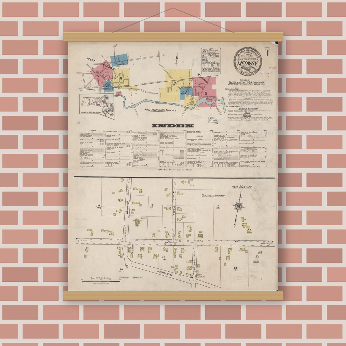 Old map wall art mockup — magnetic wood frame on brick wall — Sanborn Fire Insurance Map from Medway, Norfolk County, Massachusetts (1922) - Complete Map Set