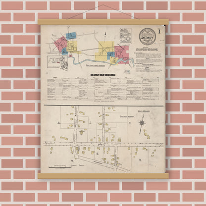 Old map wall art mockup — magnetic wood frame on brick wall — Sanborn Fire Insurance Map from Medway, Norfolk County, Massachusetts (1922) - Complete Map Set