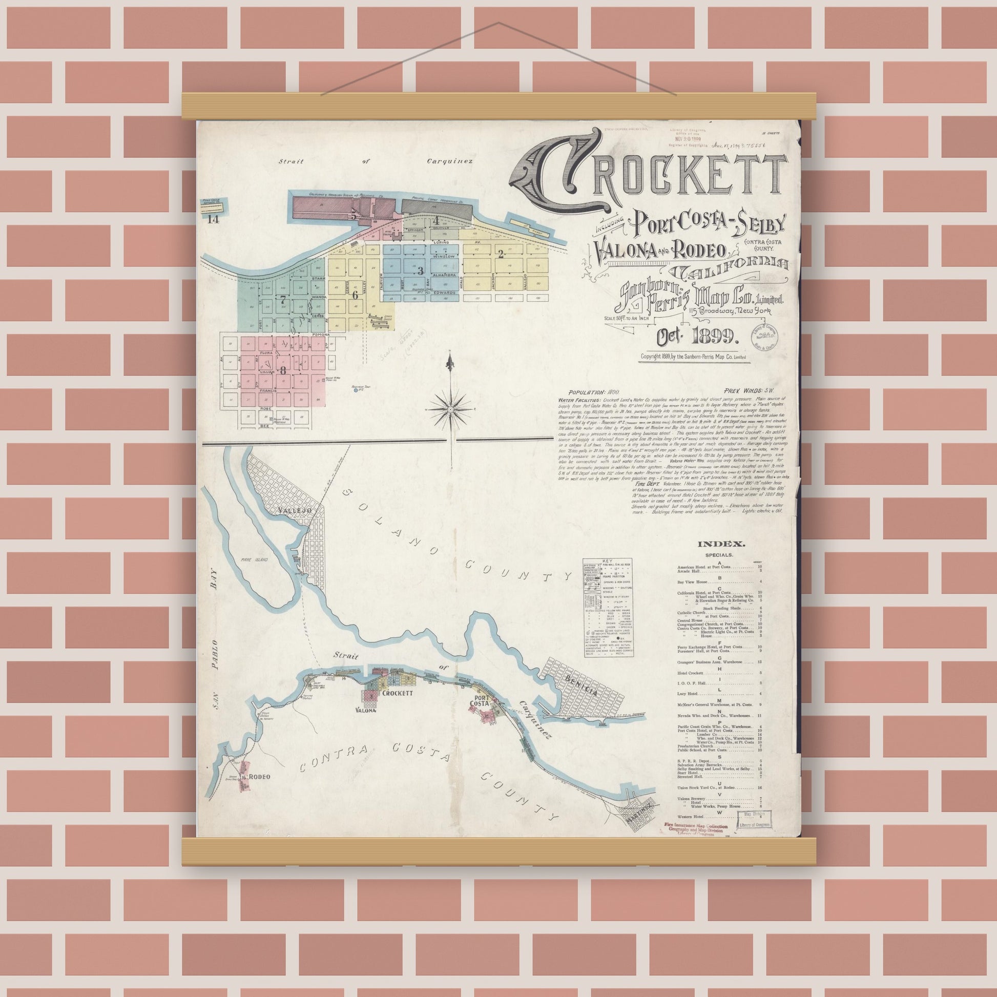 Old map wall art mockup — magnetic wood frame on brick wall — Sanborn Fire Insurance Map from Crockett, Contra Costa County, California (1899), Sheet #0001