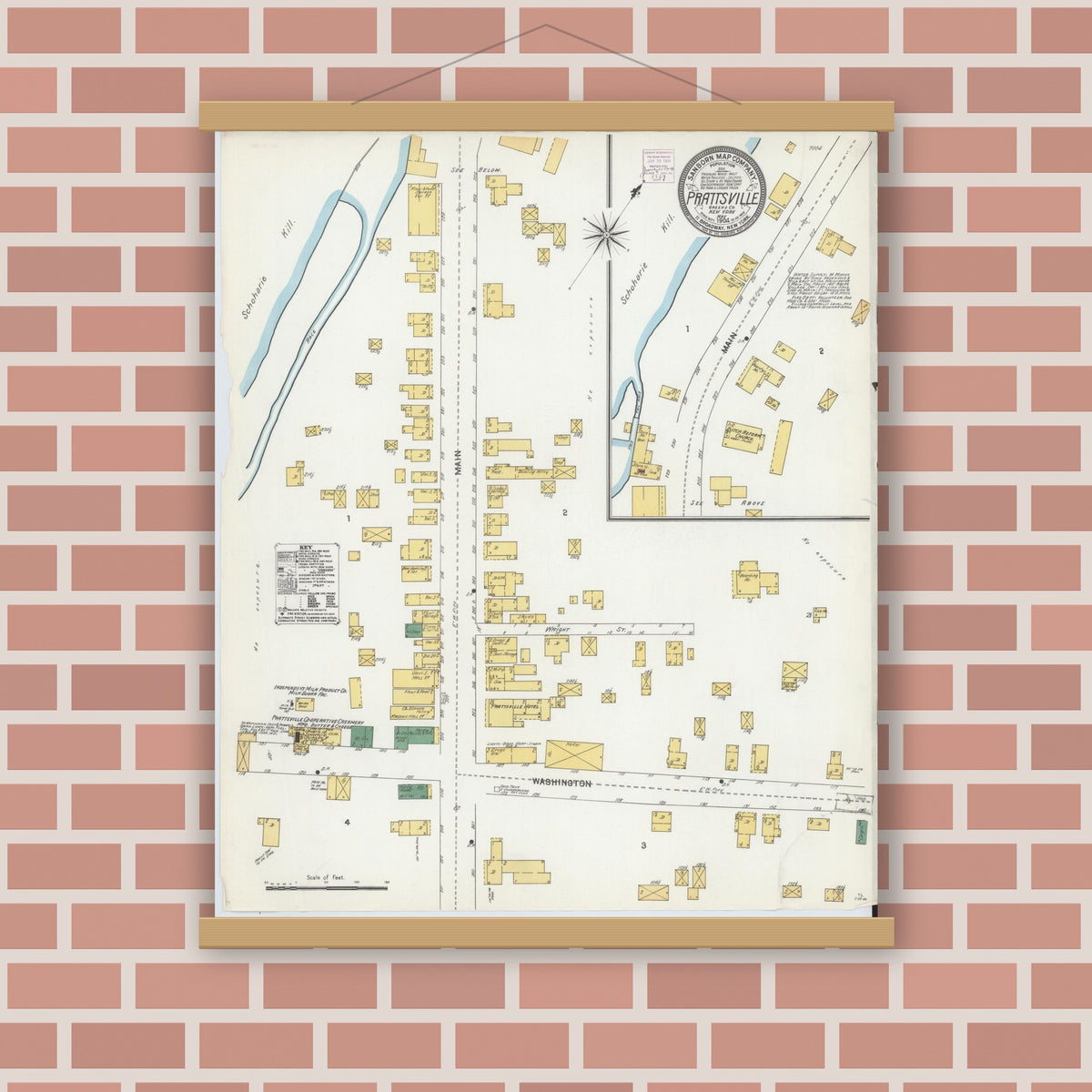 Old map wall art mockup — magnetic wood frame on brick wall — Sanborn Fire Insurance Map from Prattsville, Greene County, New York (1904), Sheet #0001