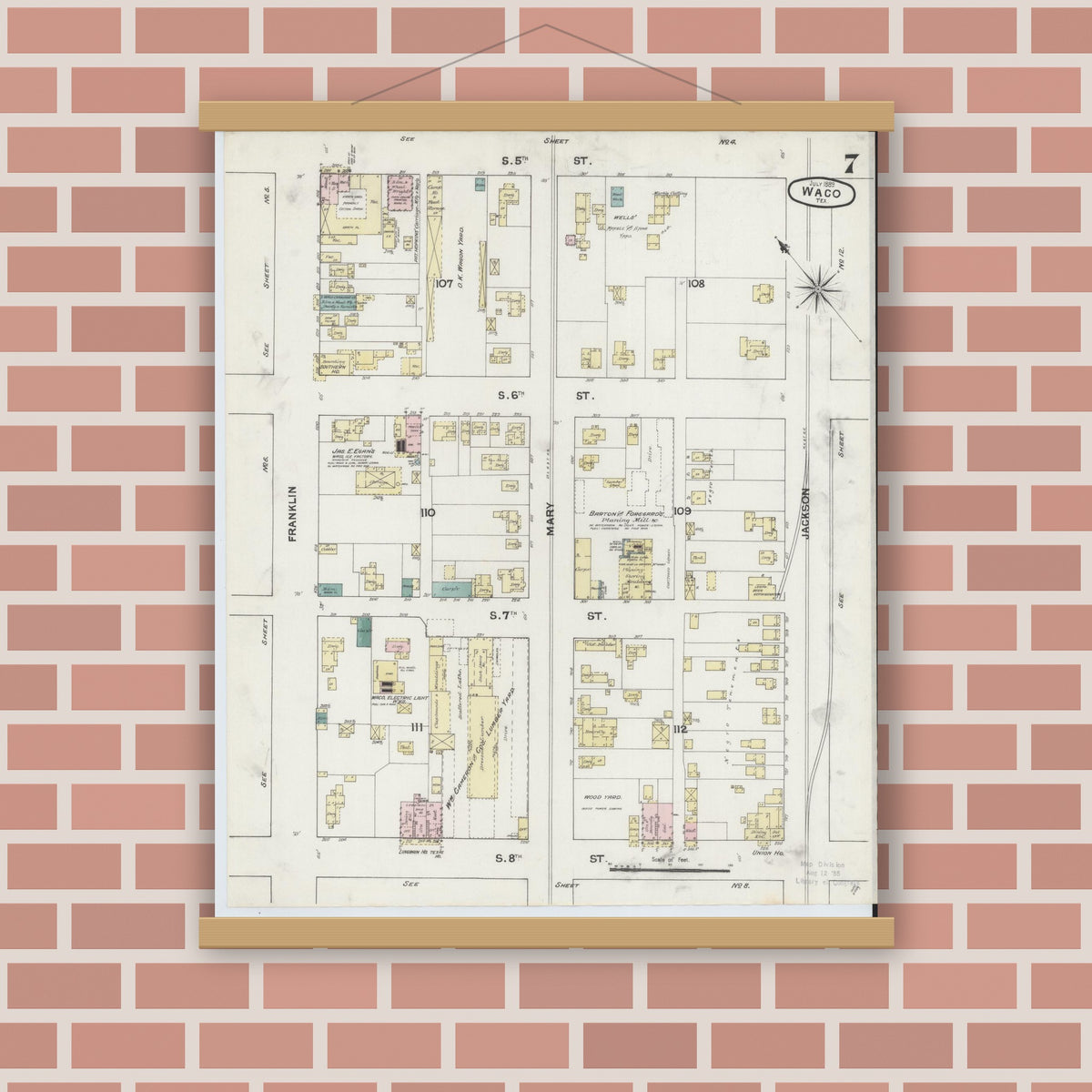 Old map wall art mockup — magnetic wood frame on brick wall — Sanborn Fire Insurance Map from Waco, McLennan County, Texas (1889), Sheet #0007
