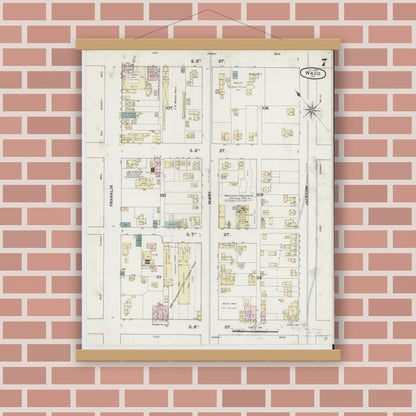 Old map wall art mockup — magnetic wood frame on brick wall — Sanborn Fire Insurance Map from Waco, McLennan County, Texas (1889), Sheet #0007