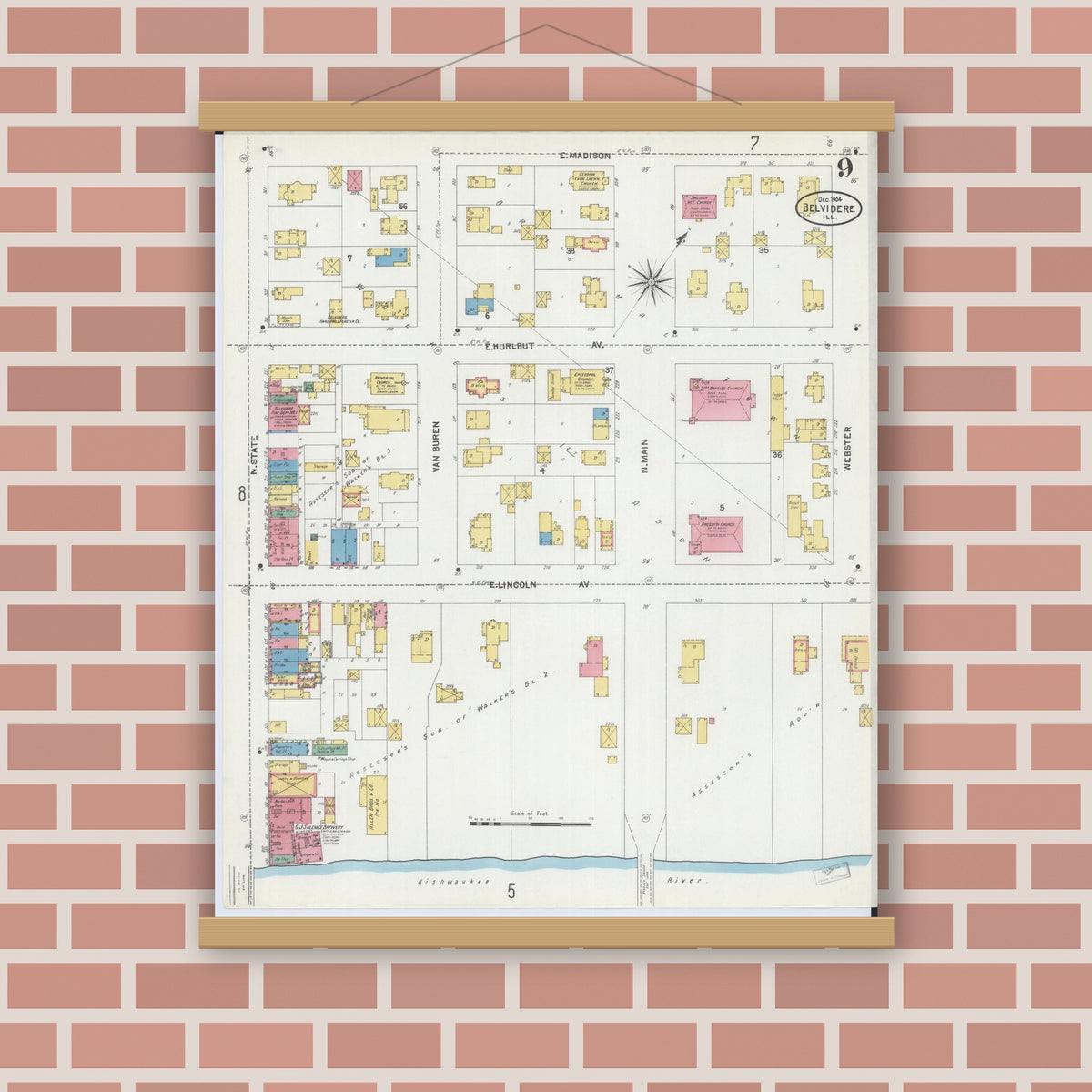 Old map wall art mockup — magnetic wood frame on brick wall — Sanborn Fire Insurance Map from Belvidere, Boone County, Illinois (1904), Sheet #0009
