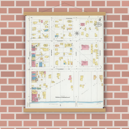 Old map wall art mockup — magnetic wood frame on brick wall — Sanborn Fire Insurance Map from Belvidere, Boone County, Illinois (1904), Sheet #0009