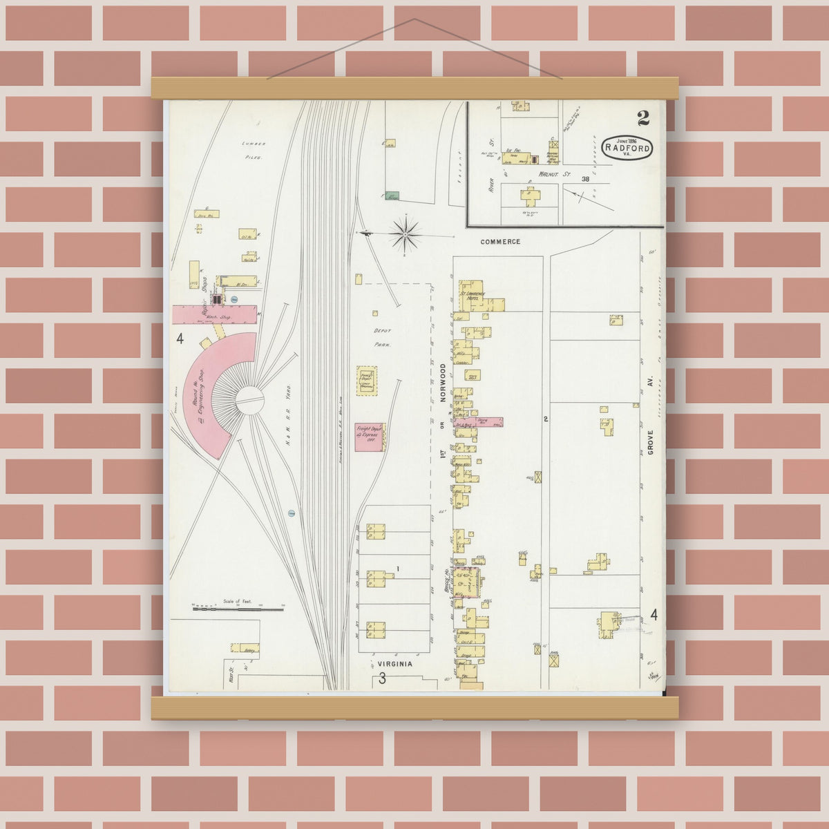 Old map wall art mockup — magnetic wood frame on brick wall — Sanborn Fire Insurance Map from Radford, Independent Cities, Virginia (1896), Sheet #0002