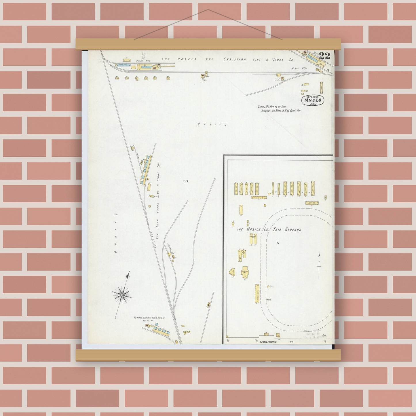 Old map wall art mockup — magnetic wood frame on brick wall — Sanborn Fire Insurance Map from Marion, Marion County, Ohio (1900), Sheet #0022