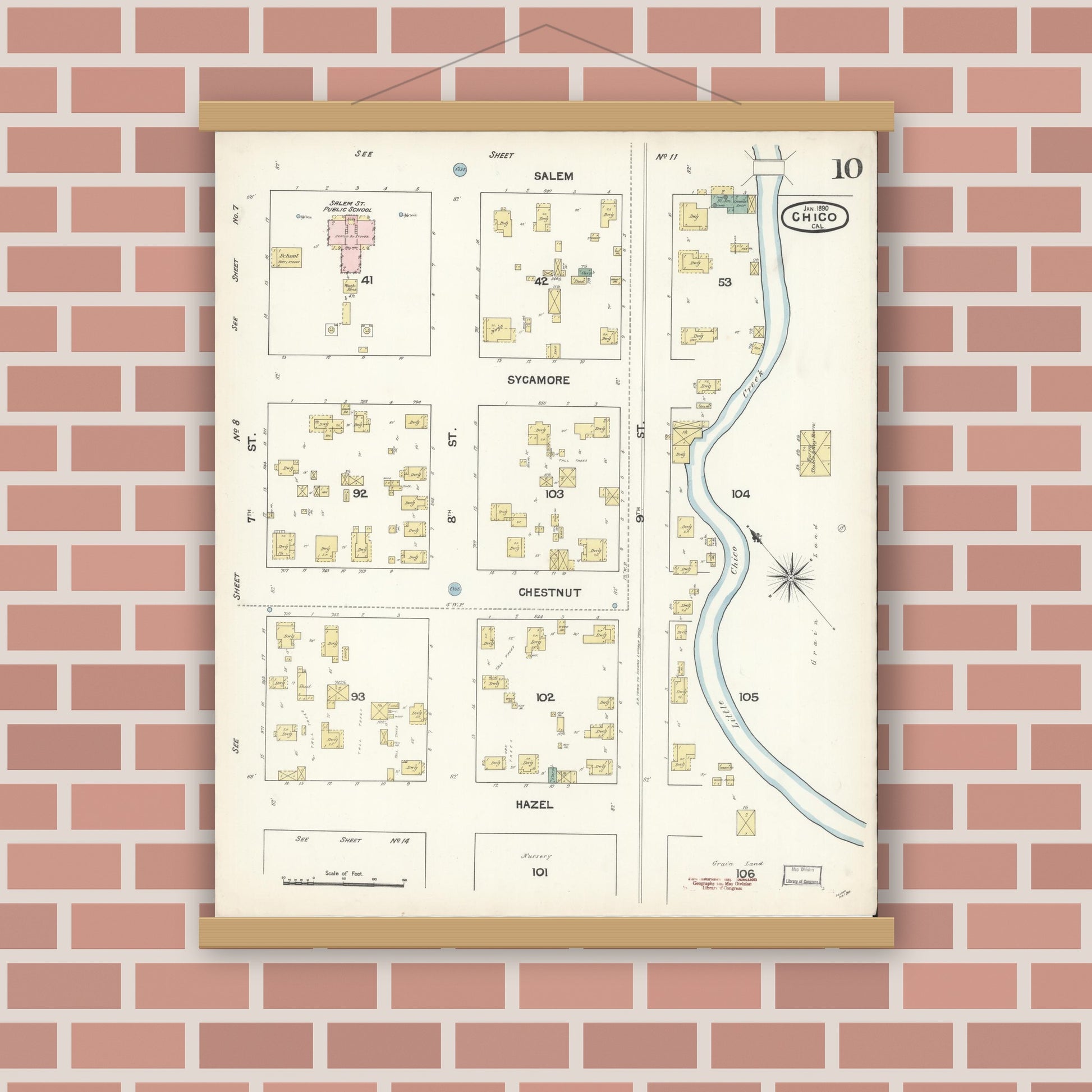 Old map wall art mockup — magnetic wood frame on brick wall — Sanborn Fire Insurance Map from Chico, Butte County, California (1890), Sheet #0010