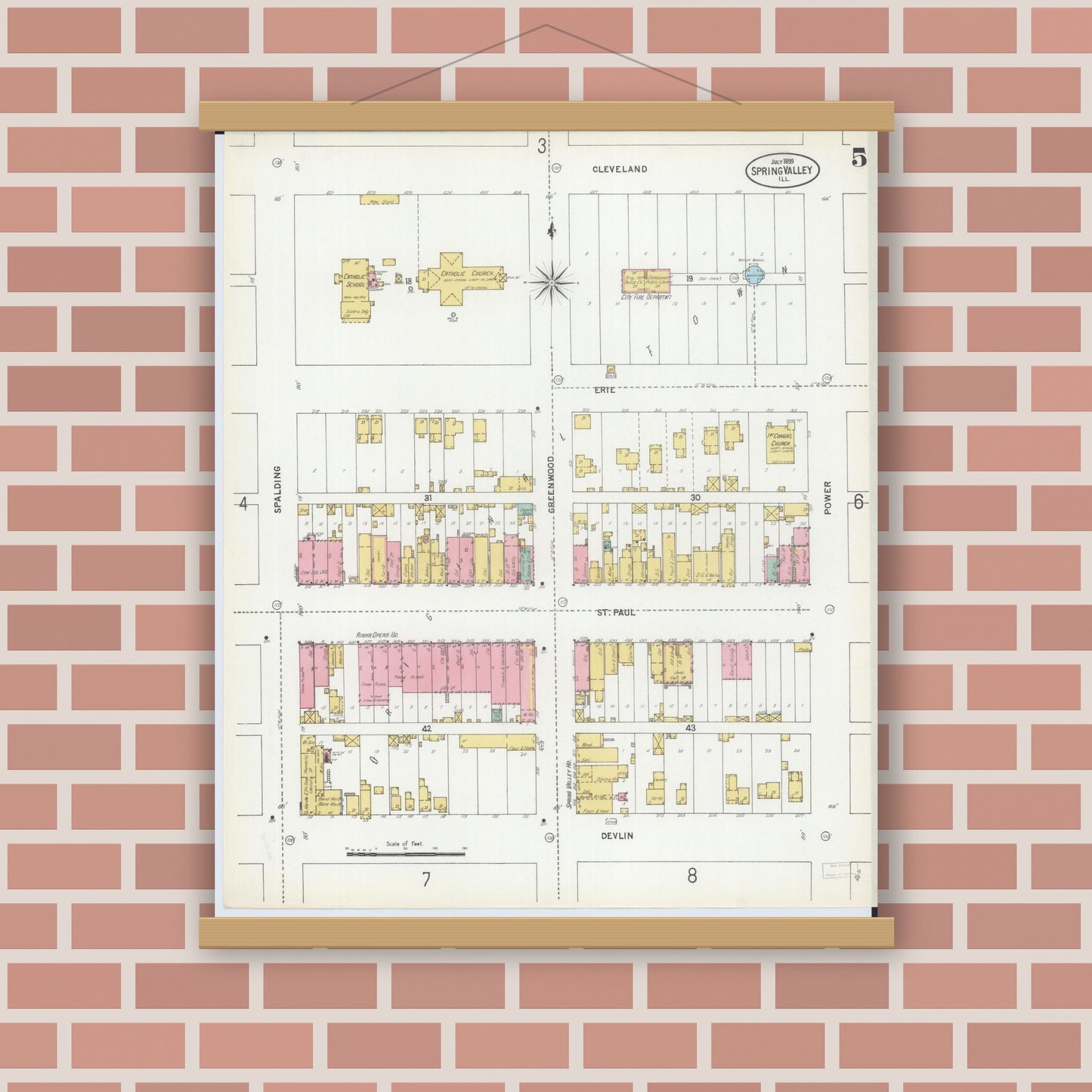Old map wall art mockup — magnetic wood frame on brick wall — Sanborn Fire Insurance Map from Spring Valley, Bureau County, Illinois (1899), Sheet #0005