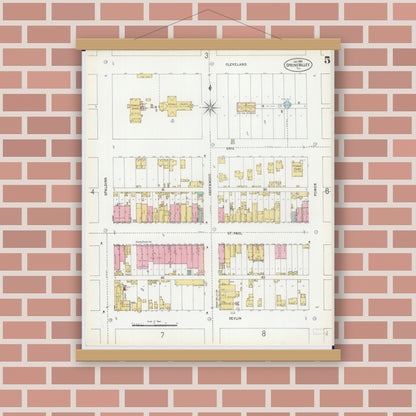 Old map wall art mockup — magnetic wood frame on brick wall — Sanborn Fire Insurance Map from Spring Valley, Bureau County, Illinois (1899), Sheet #0005