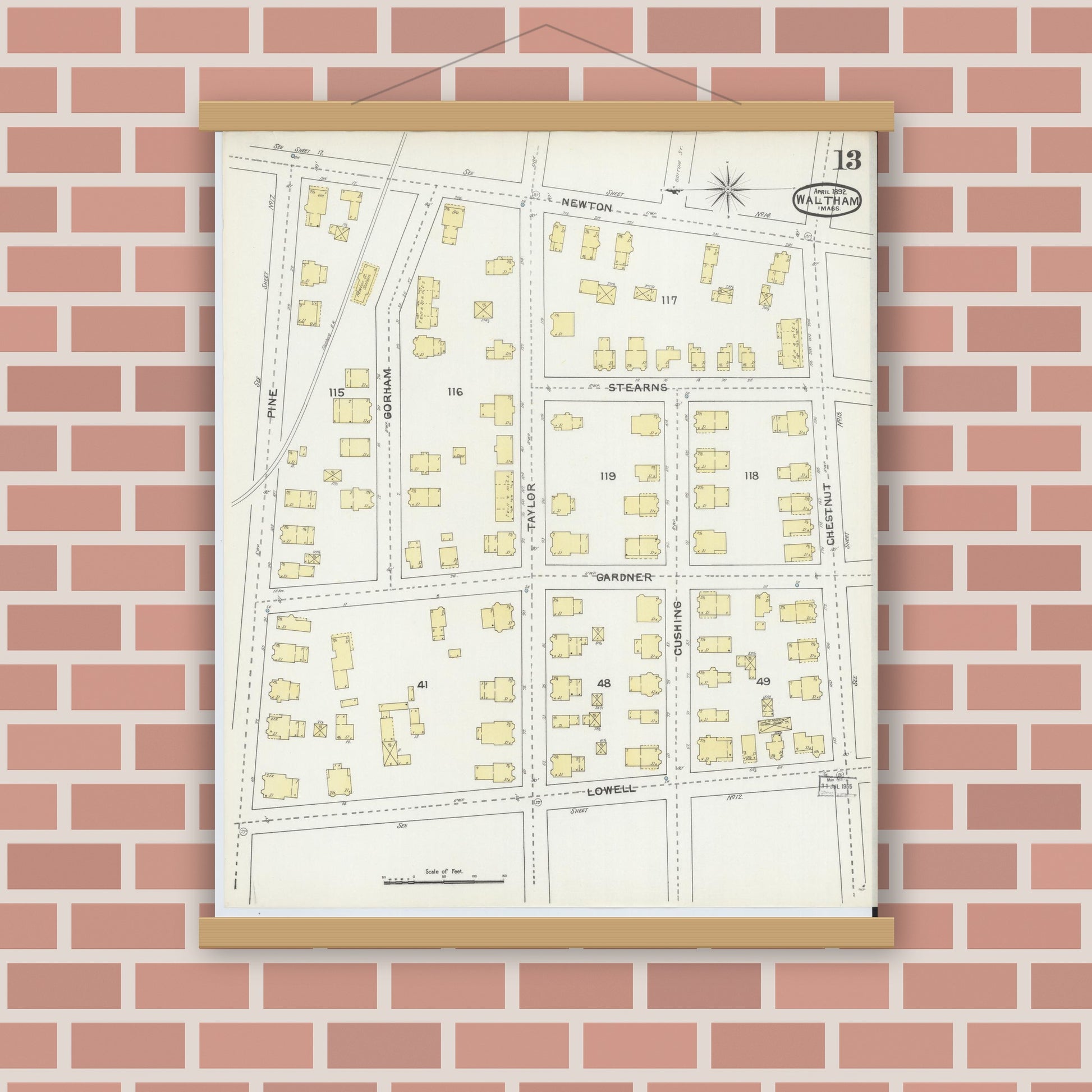 Old map wall art mockup — magnetic wood frame on brick wall — Sanborn Fire Insurance Map from Waltham, Middlesex County, Massachusetts (1892), Sheet #0013