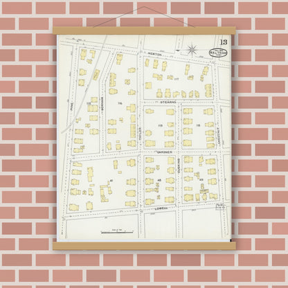 Old map wall art mockup — magnetic wood frame on brick wall — Sanborn Fire Insurance Map from Waltham, Middlesex County, Massachusetts (1892), Sheet #0013