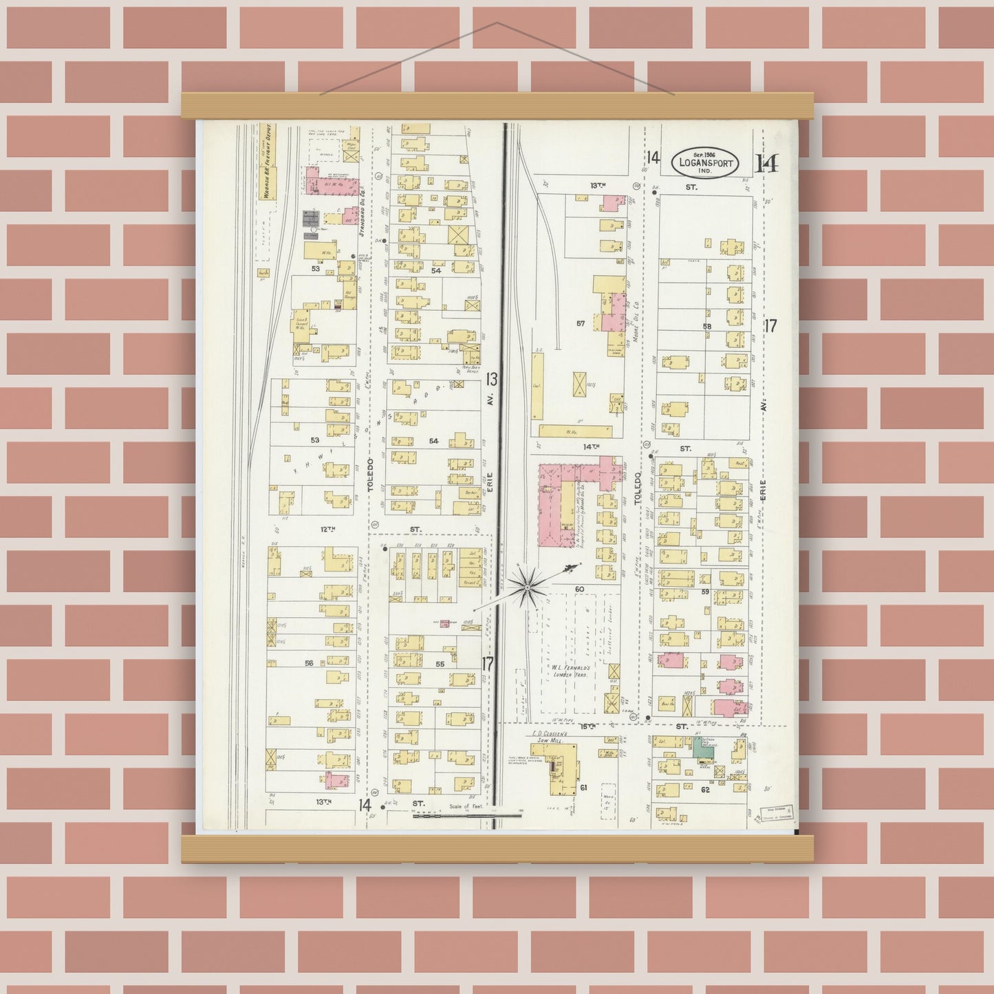 Old map wall art mockup — magnetic wood frame on brick wall — Sanborn Fire Insurance Map from Logansport, Cass County, Indiana (1906), Sheet #0014