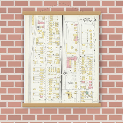Old map wall art mockup — magnetic wood frame on brick wall — Sanborn Fire Insurance Map from Logansport, Cass County, Indiana (1906), Sheet #0014