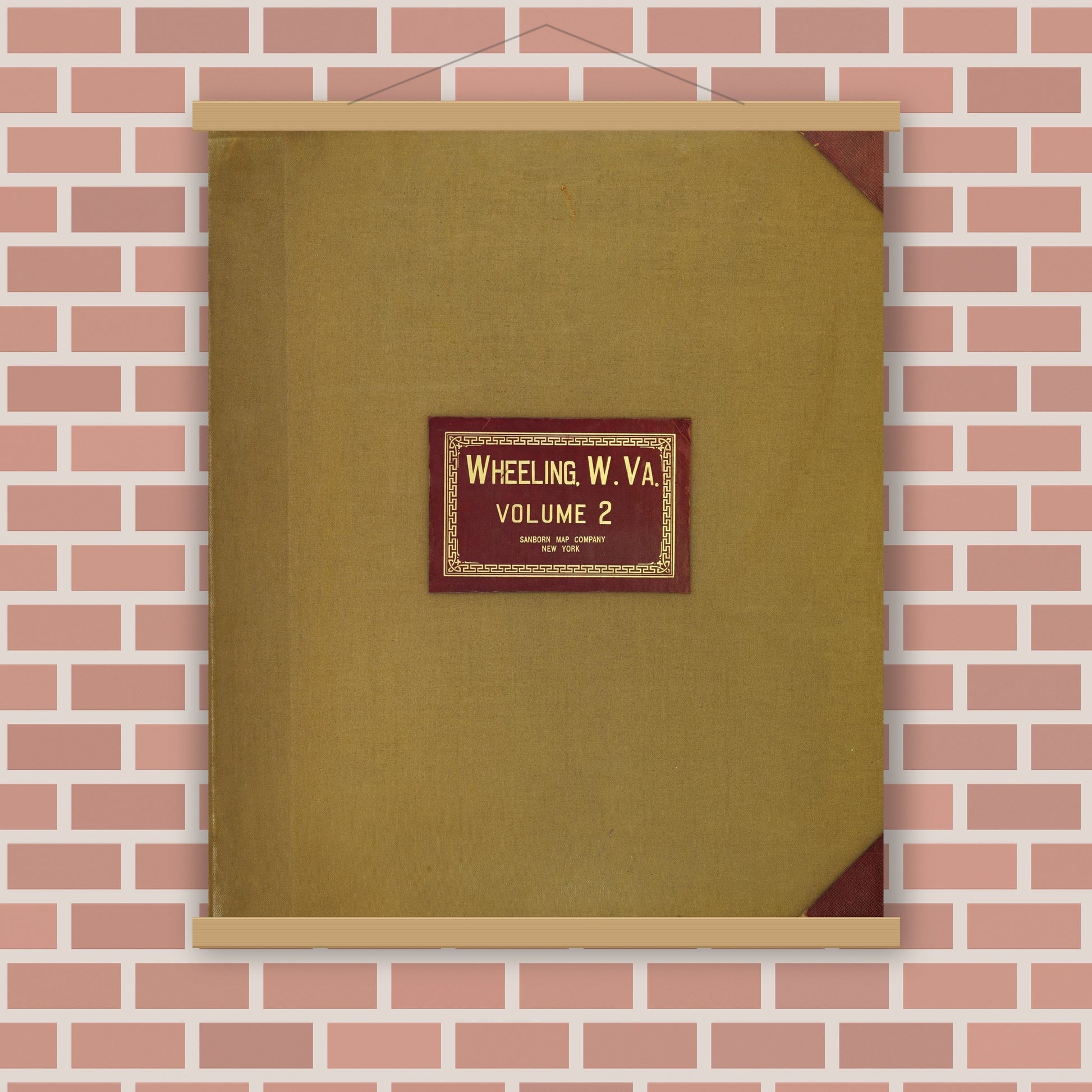 Old map wall art mockup — magnetic wood frame on brick wall — Sanborn Fire Insurance Map from Wheeling, Ohio County, West Virginia (1951), Sheet #0001