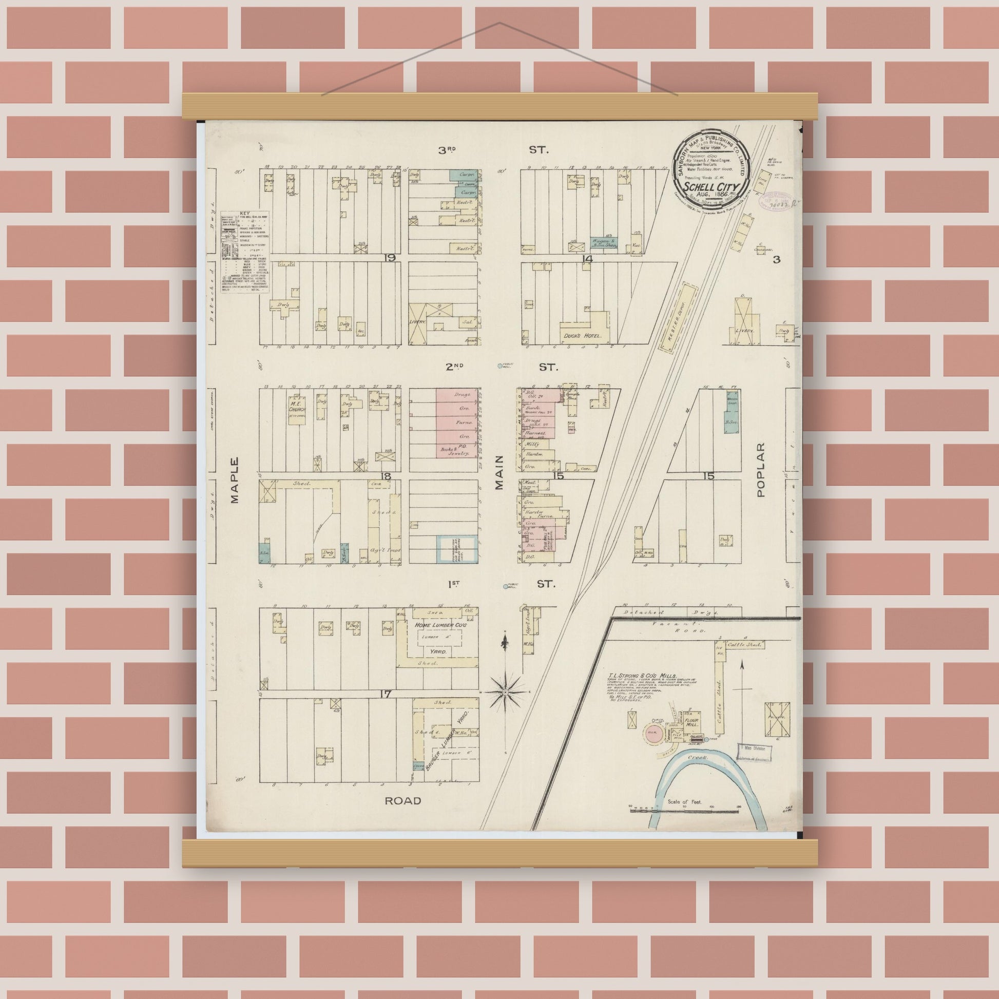 Old map wall art mockup — magnetic wood frame on brick wall — Sanborn Fire Insurance Map from Schell City, Vernon County, Missouri (1886), Sheet #0001