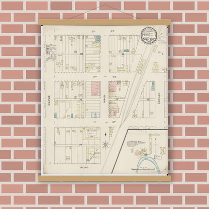 Old map wall art mockup — magnetic wood frame on brick wall — Sanborn Fire Insurance Map from Schell City, Vernon County, Missouri (1886), Sheet #0001
